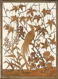 Panneau incrusté avec un oiseau exotique parmi le feuillage dans les marais, Maison Grioux - Ferdinand Duvinage