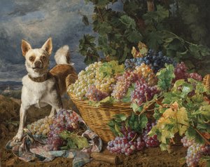 Chien gardant un panier de raisins avec vue sur Heiligenstadt et le Danube au loin - Ferdinand Georg Waldmuller