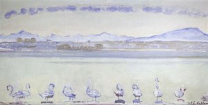 Neuf cygnes devant un paysage montagneux