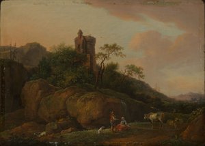 Ruines de château avec bergers et troupeau - Ferdinand Kobell
