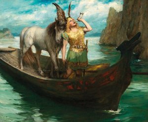 Le voyage de Siegfried au Rhin. Le Crépuscule des Dieux. Chanteur Hubert Leuer en Siegfried, 1908