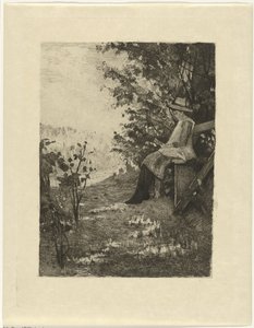 Garçon lisant sur un banc (Un coin frais)