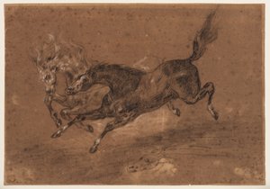 Chevaux courant (recto); Homme barbu nu, assis (verso), c.1800-1899 - Ferdinand Victor Eugene (follower of) Delacroix