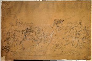 Scène de bataille Dessin sur papier saumon par Eugène Delacroix (1798-1863) 19ème siècle