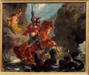 Roger délivrant Angélique. Illustration pour Orlando Furioso par Ludovico Ariosto. Peinture par Eugène Delacroix