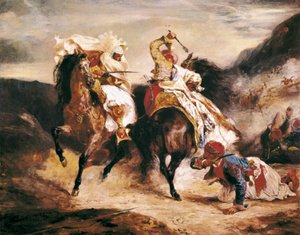 Le combat de Giaour et Pacha. Inspiré du poème de Lord Byron Le Giaour. Peinture orientaliste d