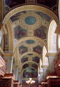 Vue du plafond à caissons de la bibliothèque avec cadre en stuc doré entourant des écoinçons illustrant des scènes bibliques et classiques, 1844