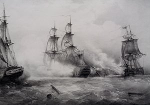 Combat entre navires de troisième rang britanniques et américains avec 74 canons, lithographie par Ferdinand Perrot - Ferdinand Victor Perrot