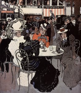 Femme parlant à une table devant un café. Illustration de Von Reznicek dans : Simplicissimus, Allemagne - Ferdinand von Reznicek
