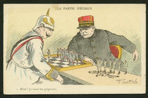 Carte postale, satirique en couleurs : Hein ! Je te grignote - Guerre de 14-18, Allemagne Prusse - Guillaume II, Joffre, soldats