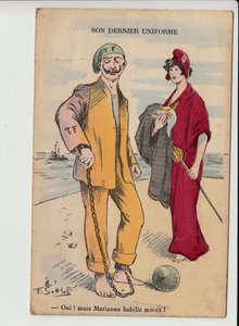Carte postale satirique en couleurs : Son dernier uniforme - Guerre de 14-18 - Marianne, Guillaume II Illustration par Gottlob (1873-1935)