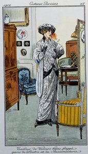 Costumes parisiens : Tailleur en velours blanc rayé de loutre et garnitures