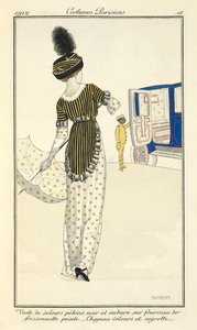 Veste de velours pékiné noir et auburn sur fourreau de frissonnette peinte. Chapeau velours et aigrette. - Fernand Siméon