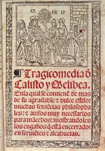 Miniature sur parchemin sur la couverture de La Célestine ou Tragicomédie de Calisto et Melibea, manuscrit espagnol de Fernando de Rojas, publié en 1531 - Fernando de Rojas