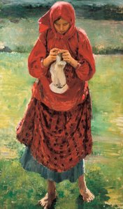 Jeune paysanne tricotant une chaussette
