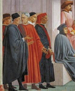 Hommes en costume médiéval, détail de La Résurrection du fils de Théophile, par Tommaso Masaccio, fresque