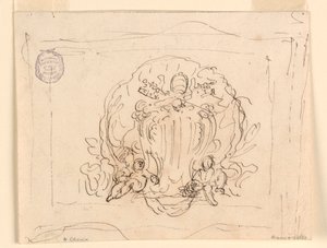 Dessin, Tablette portant les armoiries du pape Benoît XIV avec coquille en arrière-plan, 1740-58