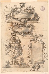 Dessin, deux écussons, un vase décoratif et une volute, 1750-75 - Filippo Marchionni