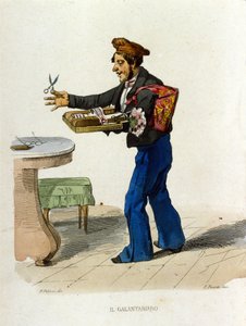 Marchands de galanterie (petits commerçants) à Naples. Ces vendeurs ambulants proposaient des cosmétiques. - Gravure en cuivre colorée d