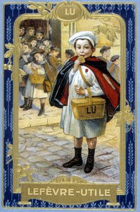 Publicité pour le biscuit "Lefèvre-Utile: Lu" (le petit écolier). Chromolithographie du XIXe siècle d