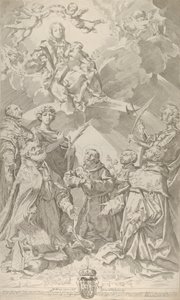 Saints patrons de Bologne regardant vers la Vierge assise dans les nuages... - Flaminio Torre