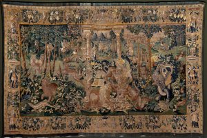 Tapisserie flamande. Paysage avec pergola et grands animaux, avec 2 colonnes. Atelier d