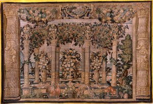 Tapisserie flamande. Série Galeries avec animaux ou Galeries de treillages. Deuxième de la série. Soie et laine. 17ème siècle.
