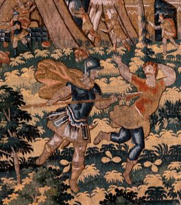 Tapisserie flamande. Série Histoire de Cyrus. N° V Combat entre deux guerriers et mort de Cyrus. Anonyme, basé sur Michiel Coxcie. Atelier Anvers. Soie et laine. Ca 1590