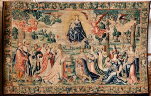 Tapisserie flamande. Série La Grêle. Salve Regina. Manufacture ateliers de Bruxelles, une possible manufacture par Marc Crétif. Ca 1528. Taille 412 x 652 cm. Tissu Soie et laine. Emplacement Cathédrale de Palencia. Origine Un legs de l