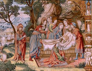 Tapisserie Flamande. Série La Passion du Christ. La Descente de Croix. Deuxième série de tapisseries de la Passion du Christ appartenant au Patrimonio Nacional. Modèle Dessinateurs du cercle de Jan van Roome. Manufacture Pieter va