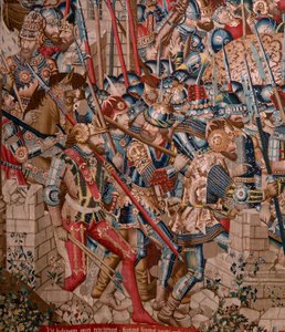 Tapisserie flamande. Série La Guerre de Troie. La Destruction de Troie. Onzième tapisserie de la série. Modèle Maître de Coëtivy (Henry ou Conrard de Vulcop). Manufacture Ateliers de Tournai. Vers 1470