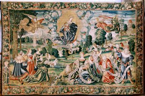 Tapisserie flamande. Série La Grêle. Ad te clamamus. Deuxième tapisserie de la série. Manufacture ateliers de Bruxelles, une possible manufacture par Marc Crétif. Vers 1528. Taille 429 x 646 cm. Soie et laine. Cathédrale de Palencia. - Flemish School