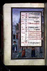 Ms 1058-1975 f12v Neige dans une rue, page de calendrier illuminée pour décembre, d