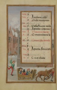 Ms 1058-1975 f1v Scène de rue dans la neige, page de calendrier illuminée pour janvier, d