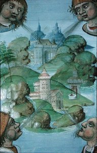 Ms Hunter 9 f.47v Quatre vents soufflant aux coins sur un paysage entouré de mer, de 