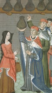 Femme avec panier apportant urinalis magnus, de De Medina Fen I. II, par Avicenne