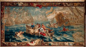 Palais (Schlossanlage Schleißheim). Tapisserie flamande. Atelier de Bruxelles Judocus De Vos. Design Lambert De Hondt. Bataille navale de La Hogue. Laine et soie. Vers 1715 - 1724. - Flemish School