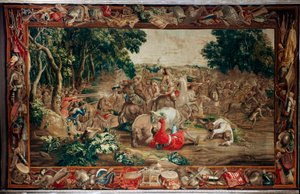 Palais (Schlossanlage Schleißheim). Tapisserie flamande. Atelier de Bruxelles Judocus De Vos. Design Lambert De Hondt. Embuscade. Laine et soie. Vers 1715 - 1724. - Flemish School