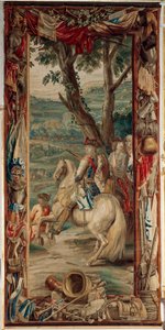 Palais (Schlossanlage Schleißheim). Tapisserie flamande. Atelier de Bruxelles Judocus De Vos. Design Lambert De Hondt. Maximilien II Emmanuel (Maximiliaan Emmanuel et deux fantassins). 400x175cm. Laine et soie. Vers 1715 - 1724