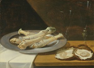 Jarrets de porc sur une assiette en étain avec huîtres et verres à vin sur une table drapée, vers 1630 - Flemish School