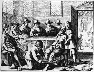 Punition des Tincers infligée à un sorcier - gravure de 1725 dans « La Sorcellerie démasquée » (