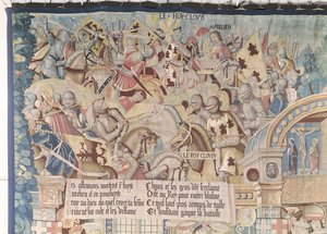 Scènes de la vie de Saint Remi (d.553) détail de Clovis I (465-511) à la bataille de Tolbiac contre les Alamans en 496 après J.-C. - Flemish School
