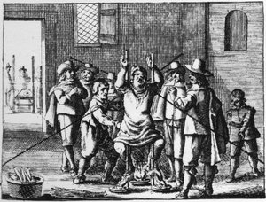 Sorcier torturé avec un collier - Gravure de 1725 dans « La Sorcellerie démasquée » par Abraham Palingh - Flemish School