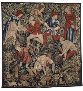 Tapisserie représentant des paysans chassant des lapins avec des furets, Tournai, c.1450-75 (laine) - Flemish School