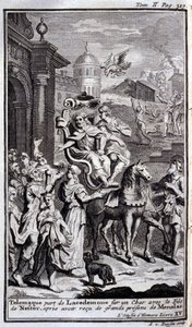 Télémaque quitte Lacédémone sur un char avec le fils de Nestor après avoir reçu de grands présents de Ménélas. Illustration pour le livre XV de l