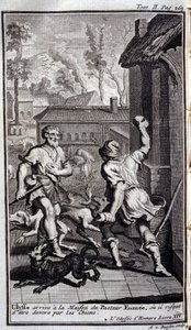 Ulysse arrive chez le pasteur Eumée, ou il peut être dévoré par des chiens. Illustration pour le livre XIV de l
