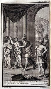 Ulysse secondé par Télémaque et deux de leurs bergers dispersent tous les poursuivants. Illustration pour le livre XXII de l