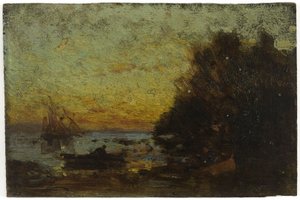 Bateau et voiliers, coucher de soleil. Au verso : Marine - Félix Ziem