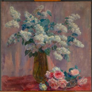 Lilas et roses (huile sur toile) - Flore Geleedts