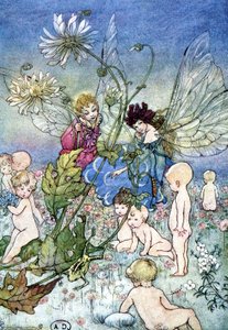 Femme-libellule (fée) et elfe entourés de bébés - dans « My Fairyland » de Fiona Malcom, ill. Florence Anderson - Florence Anderson